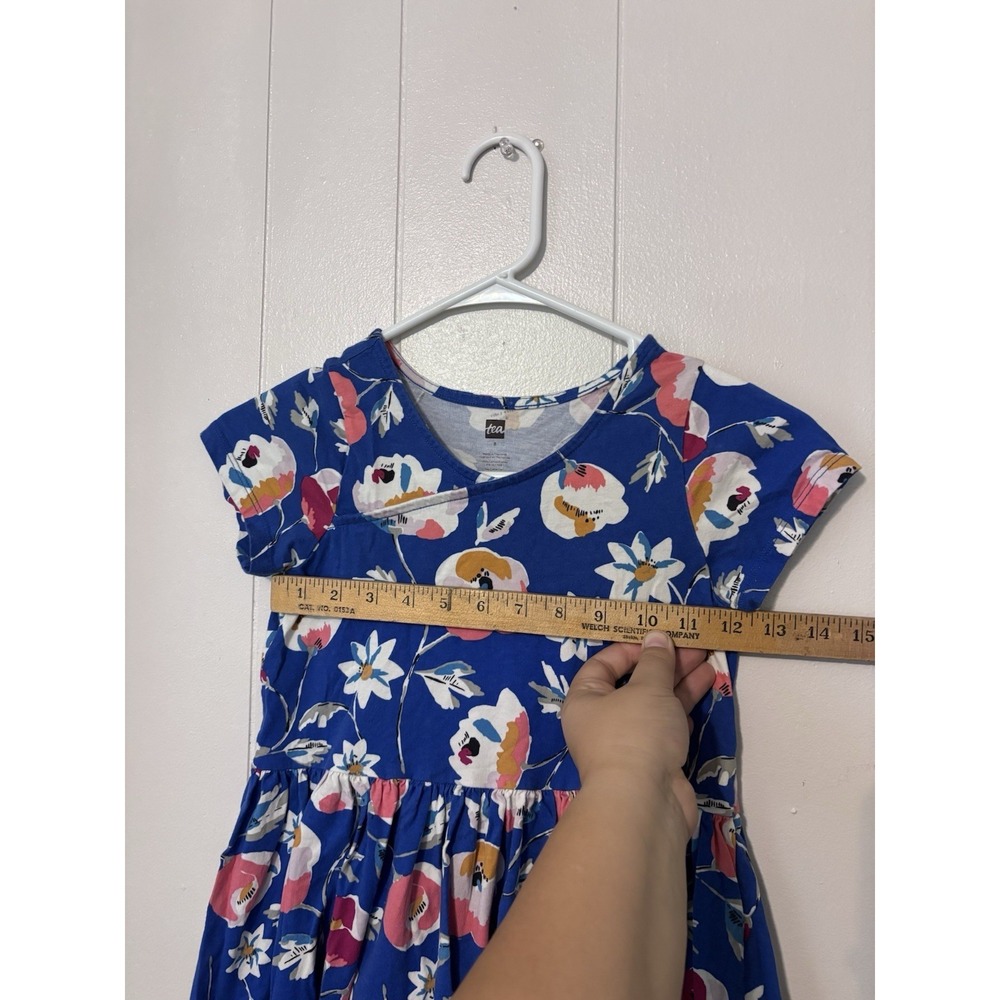 Tea Brand Girls Short Sleeve Wrap Neck Dress Size 8 Blue Floral Colorful Cotton - Picture 10 of 12